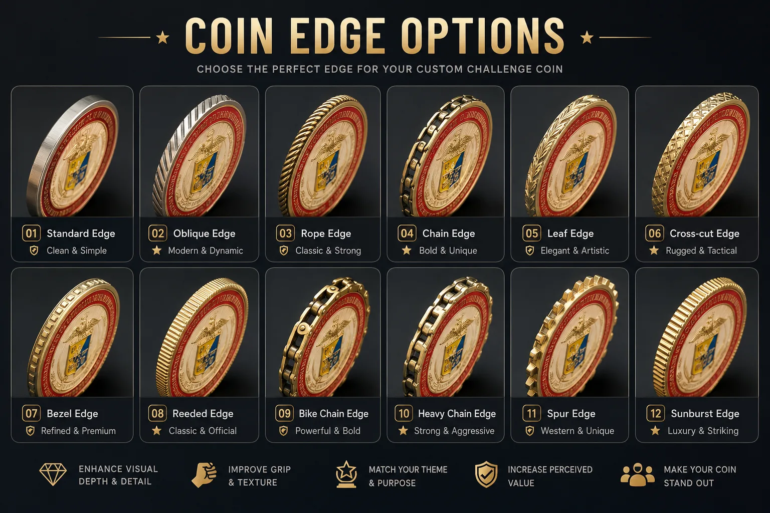 Coin Edge Options custom challenge coin sample by PinsCraftPro