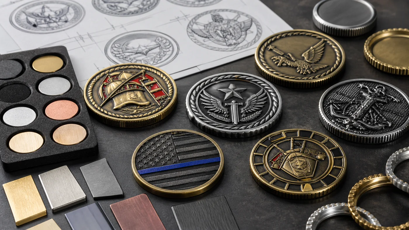 Custom challenge coin samples showing plating, edge and 3D relief design options