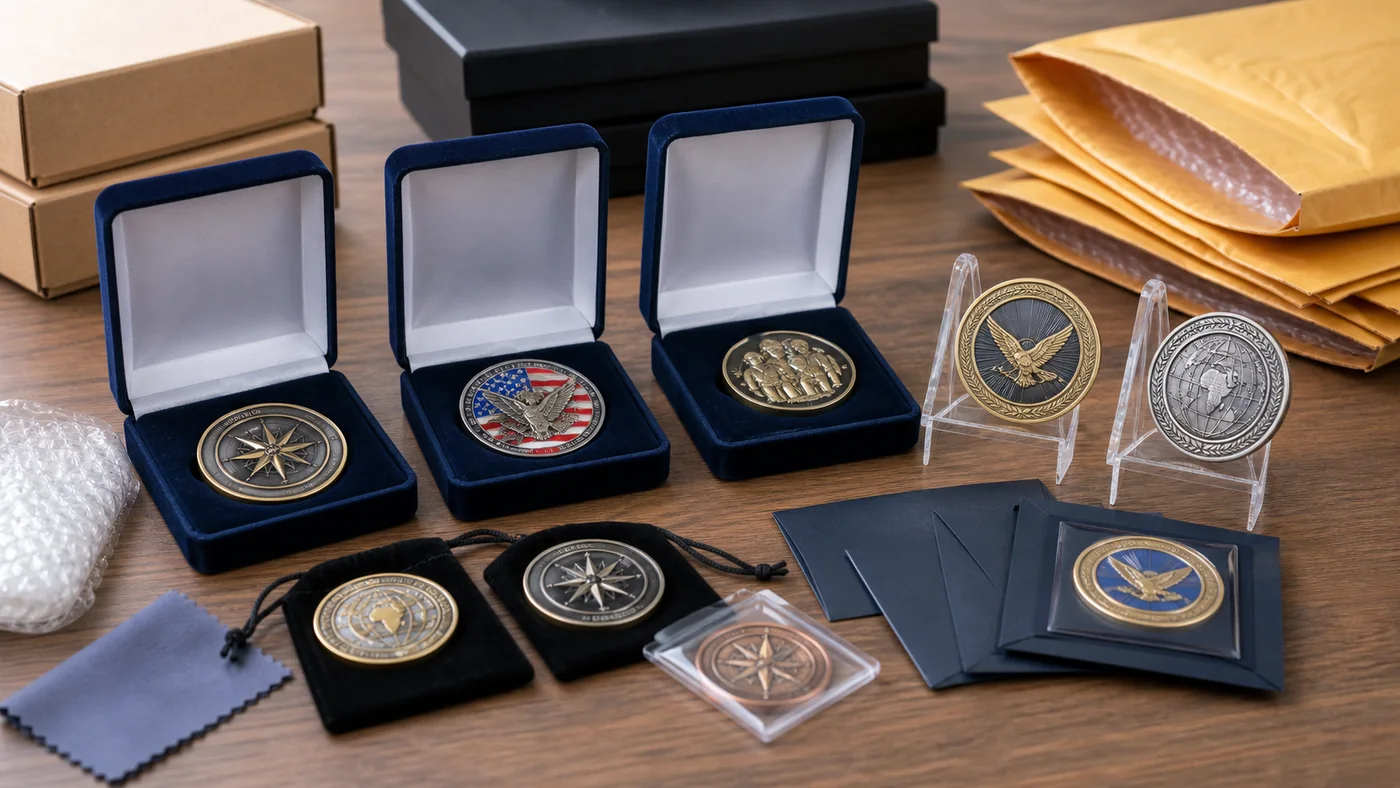 Custom challenge coins with velvet boxes, acrylic stands and gift sleeves