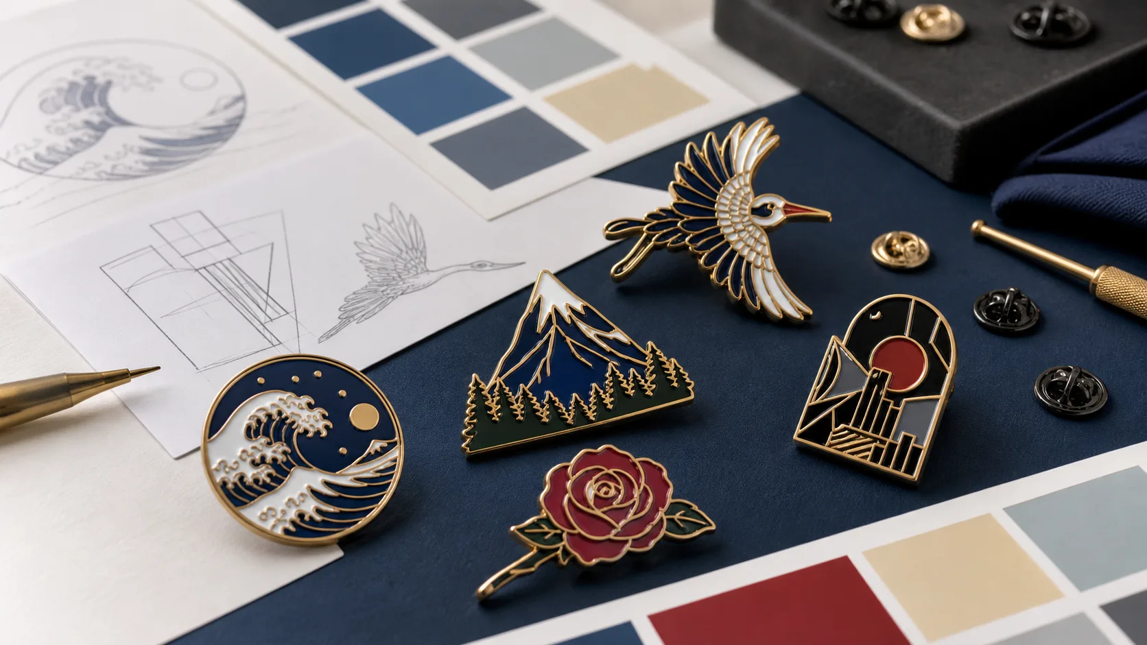 Custom enamel pins on a design worktable with color swatches and metal pin backs