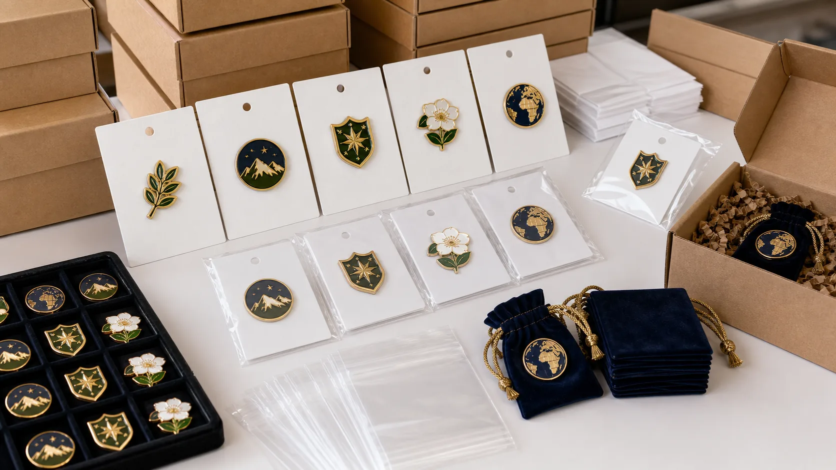 Custom lapel pins arranged on blank backing cards, clear bags, velvet pouches, and kraft shipping boxes