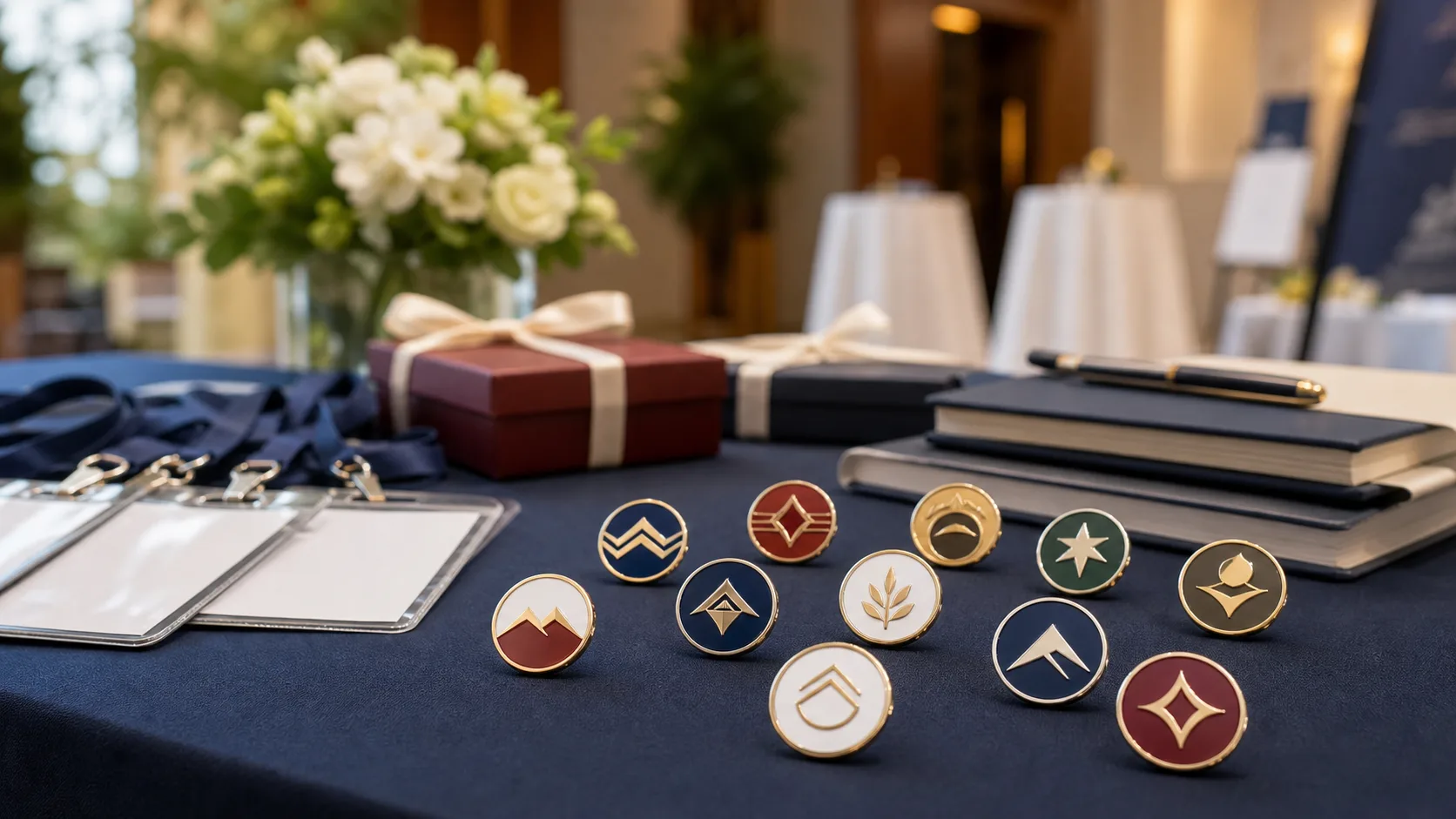 Custom lapel pins displayed on an event welcome table with gift boxes and blank badges