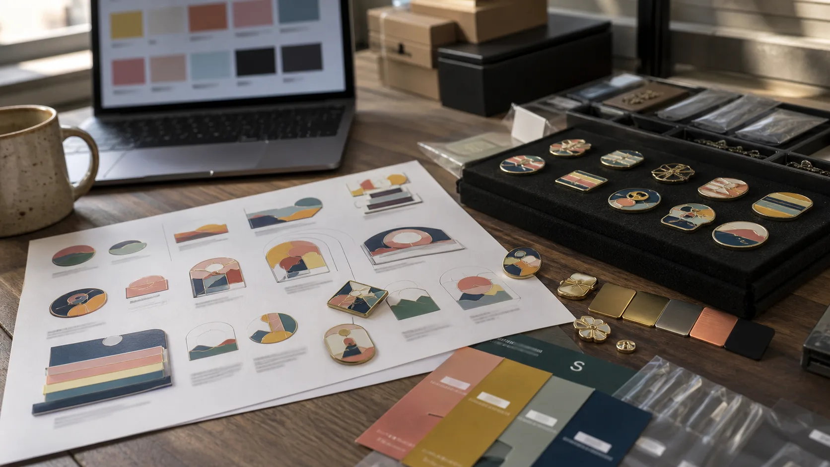 Custom pin artwork proofs, enamel pin samples, plating chips and packaging samples on a creative studio desk
