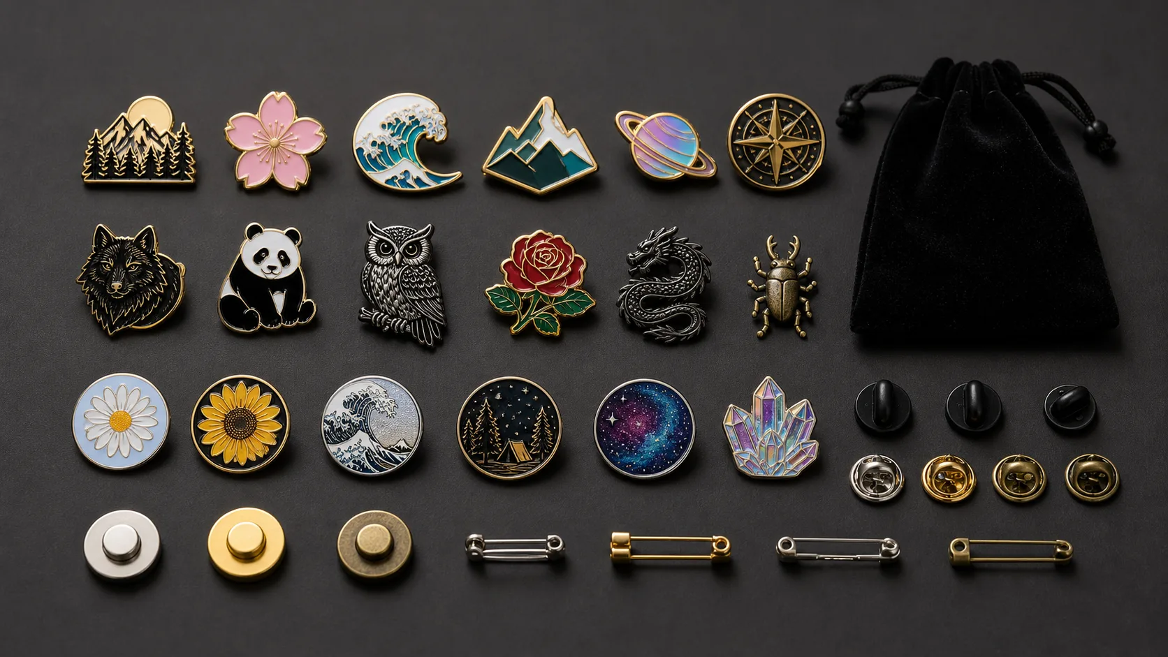 Custom pin samples with metal finishes, clutch backs, safety pin backs, magnets, and presentation pouch