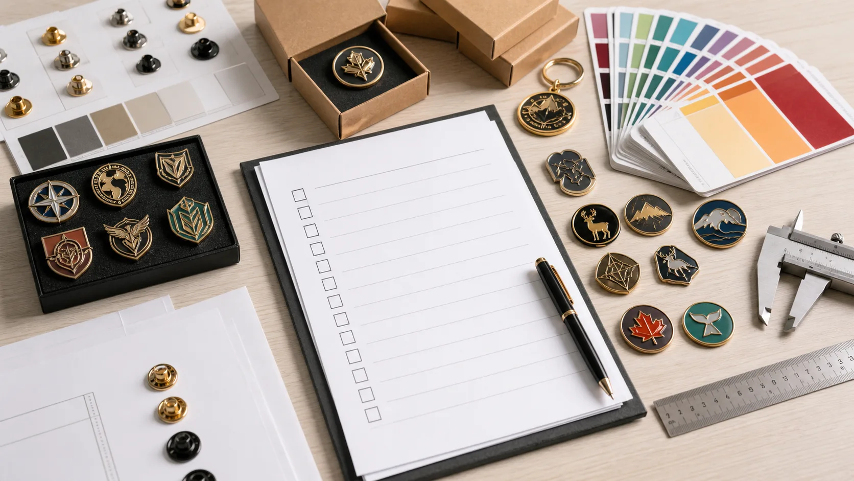 Custom lapel pin samples with finish swatches, blank checklist paper, ruler, and caliper on an order planning desk