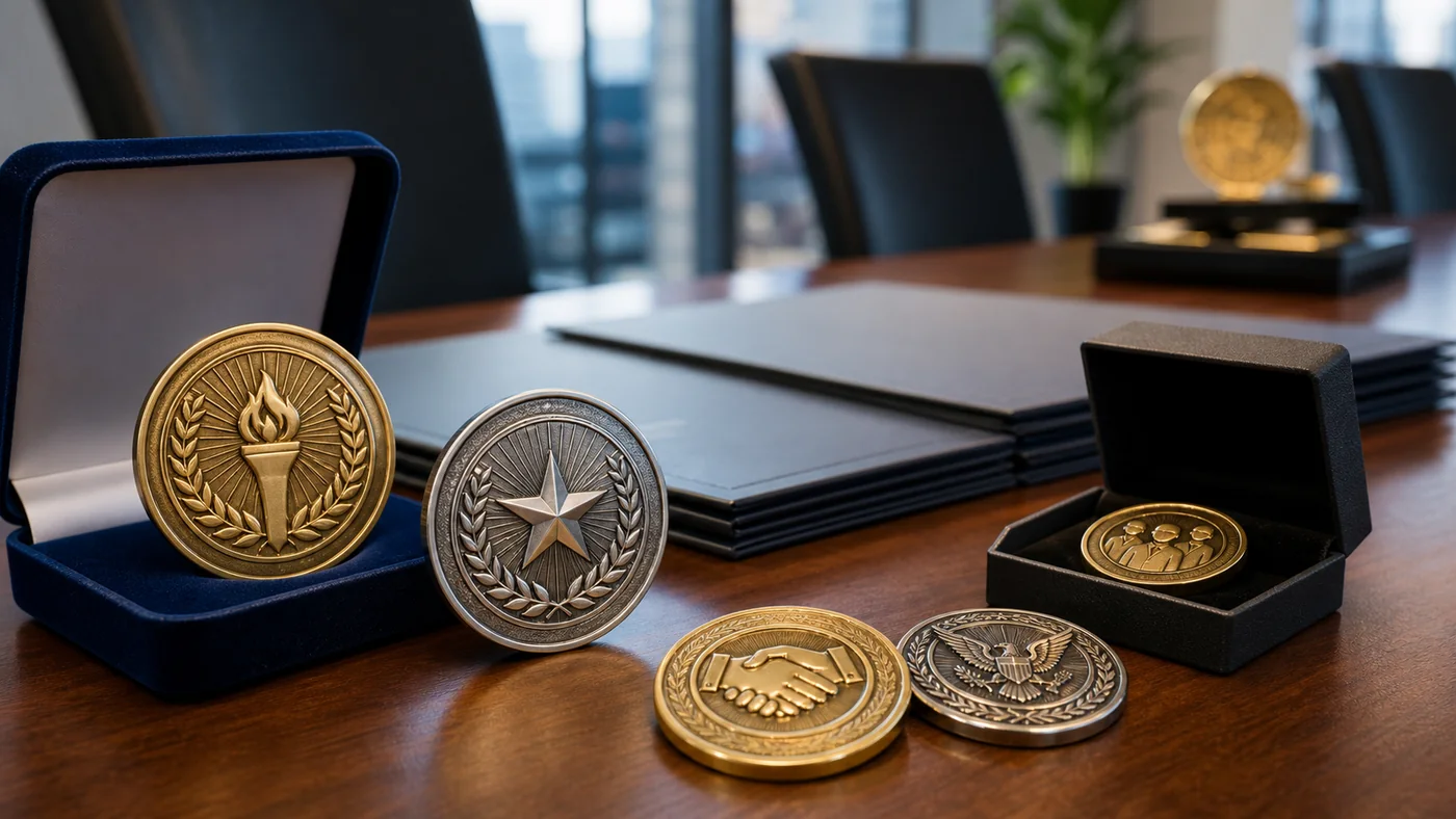 Custom challenge coins in presentation boxes for employee recognition programs