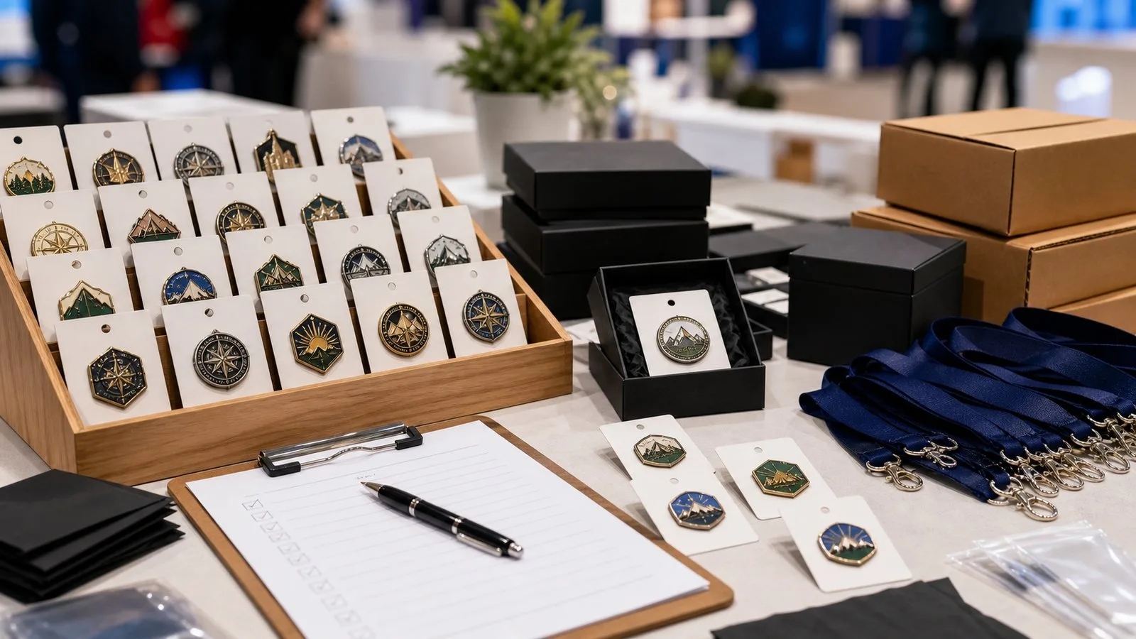 Custom event pins on backing cards with packaging and lanyards ready for distribution