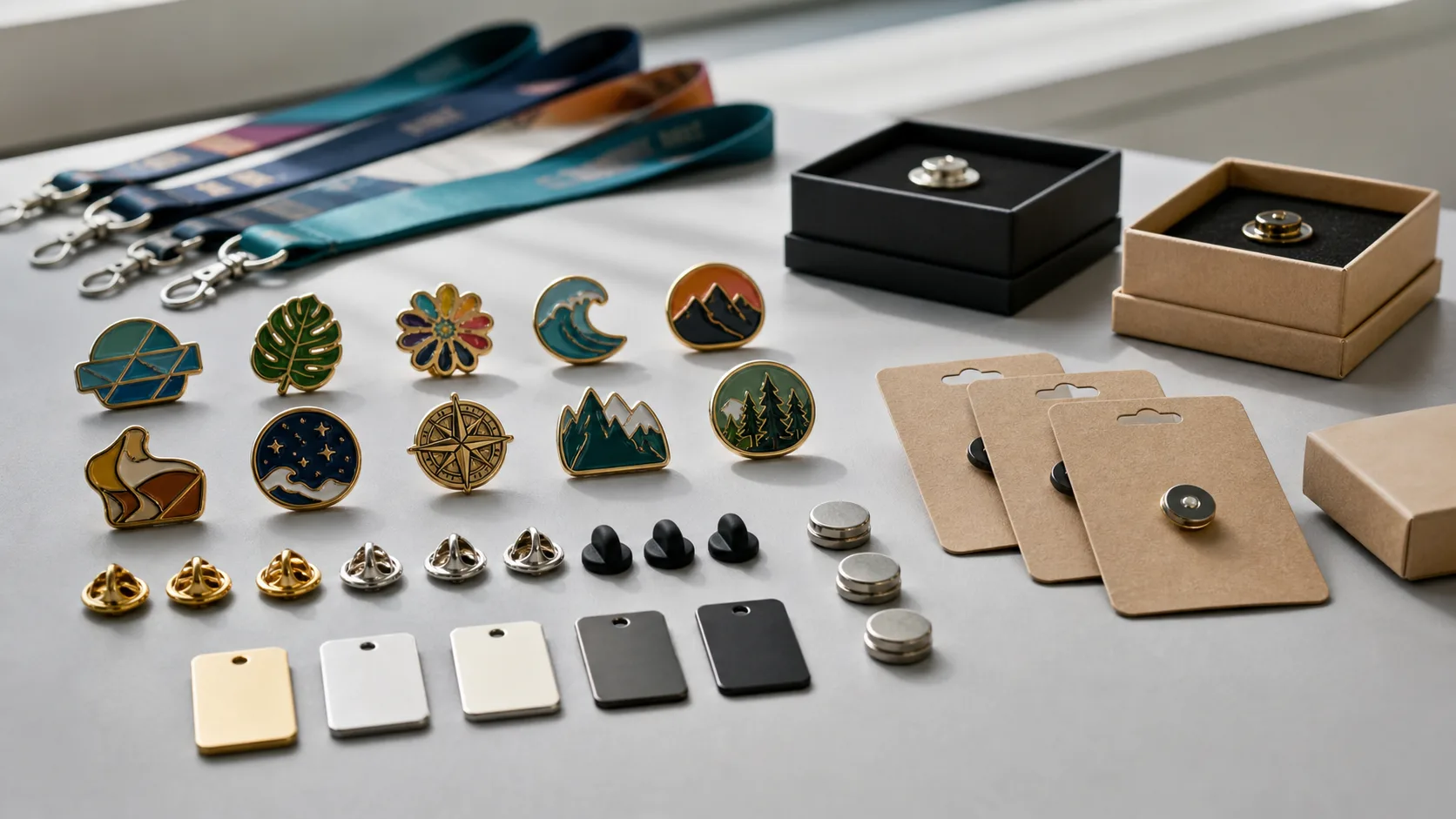 Custom enamel pins arranged with butterfly clutches, rubber clutches, plating samples, backing cards and gift boxes