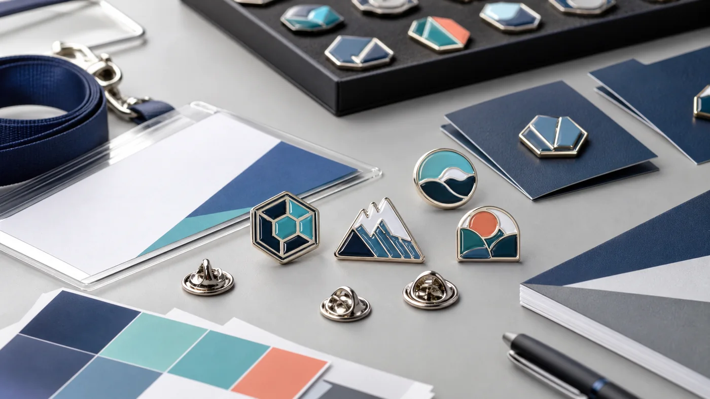 Custom enamel pins arranged with lanyard, color swatches and trade show planning materials