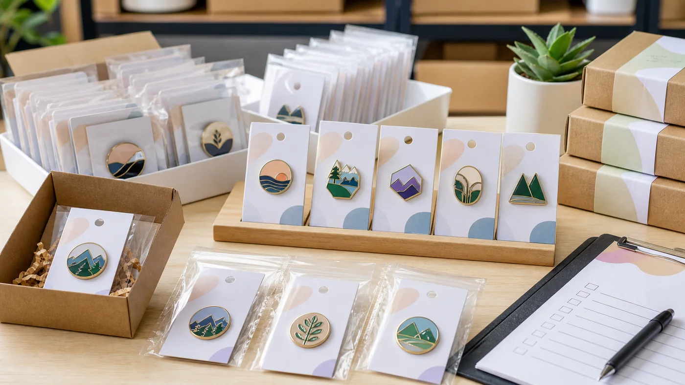 Custom enamel pins on backing cards, poly bags and gift boxes for trade show giveaways