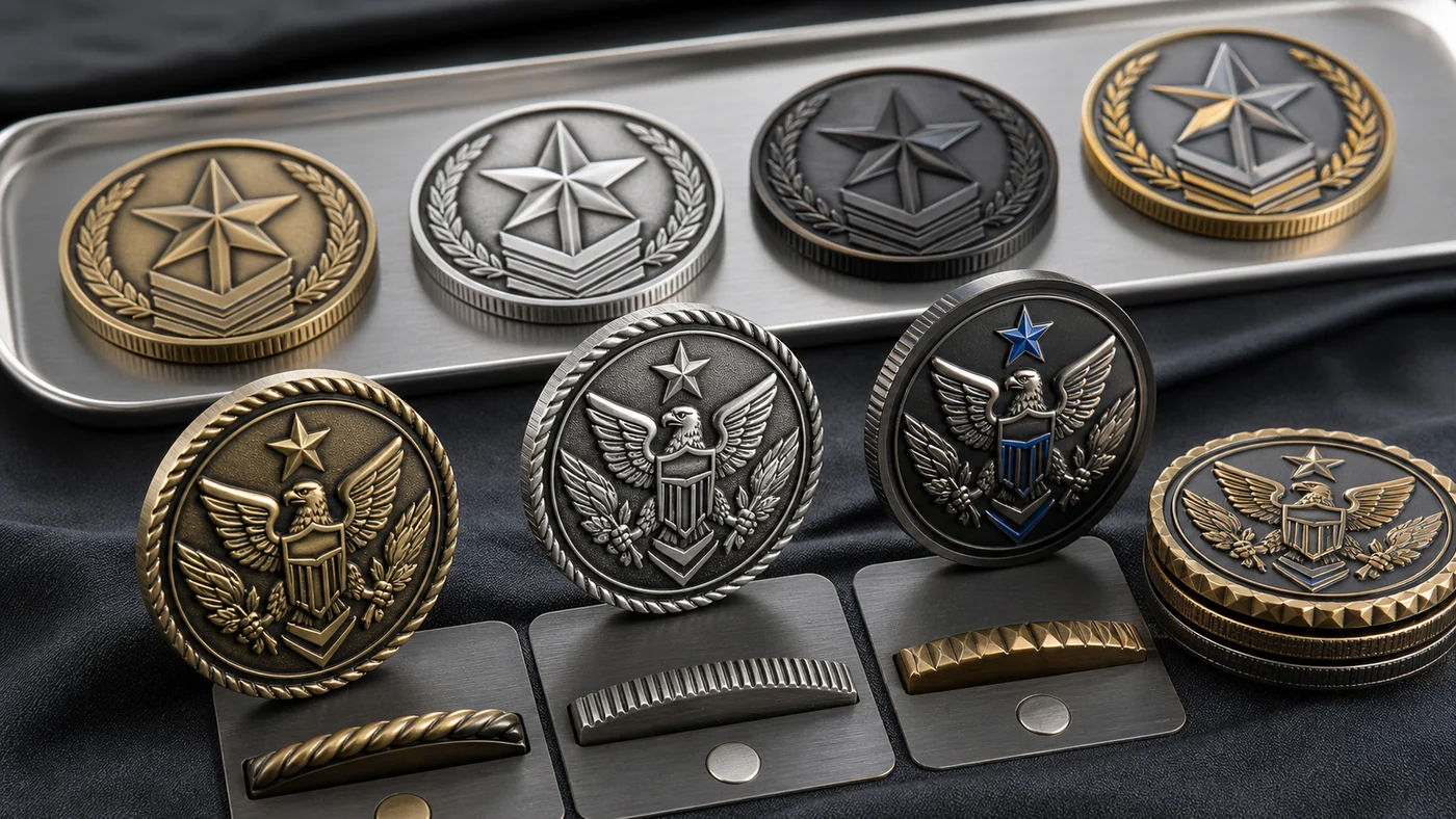 Moedas comemorativas militares personalizadas para unidades: guia de design, preços e encomendas 2 Challenge coin samples showing antique finishes, rope edge, spur edge and enamel color options