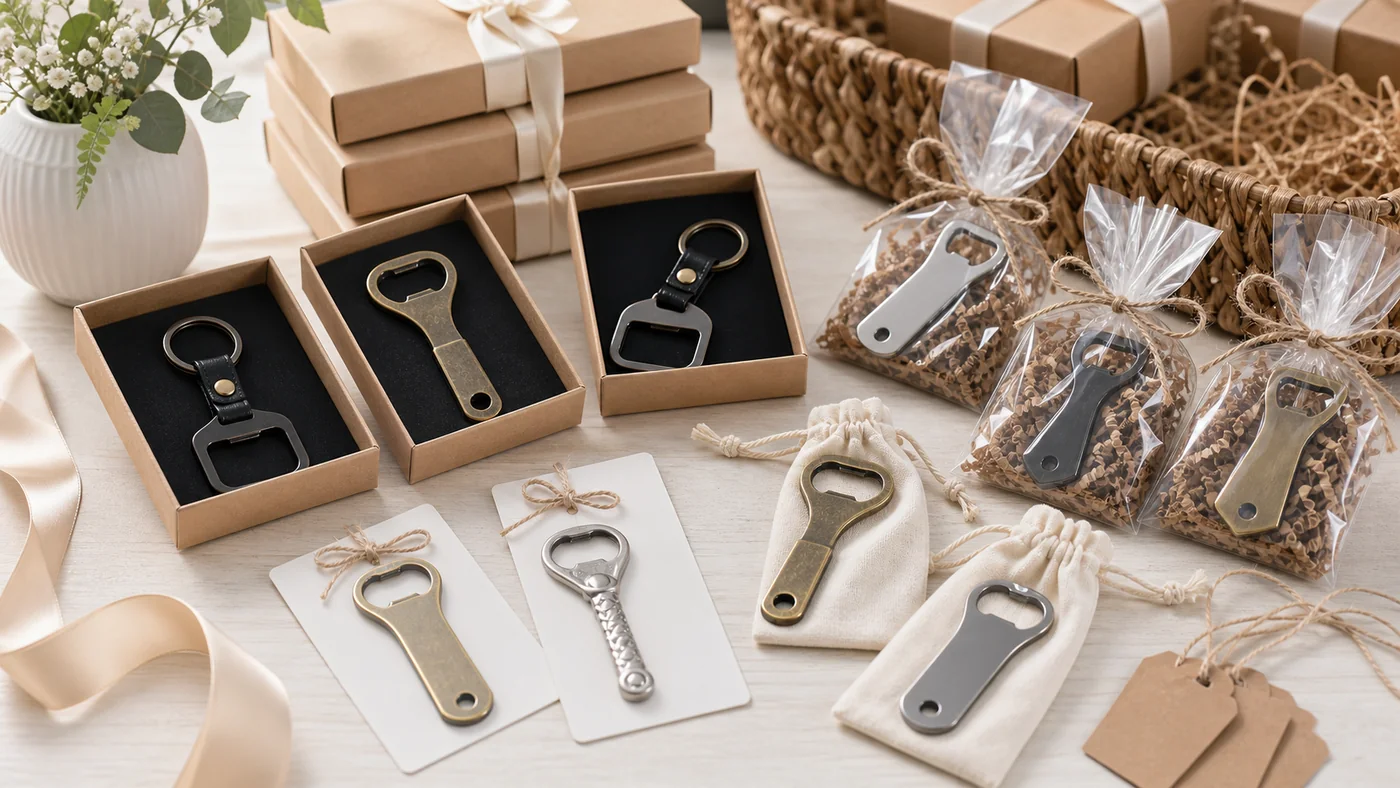 Custom bottle openers packaged in boxes, pouches and clear sleeves