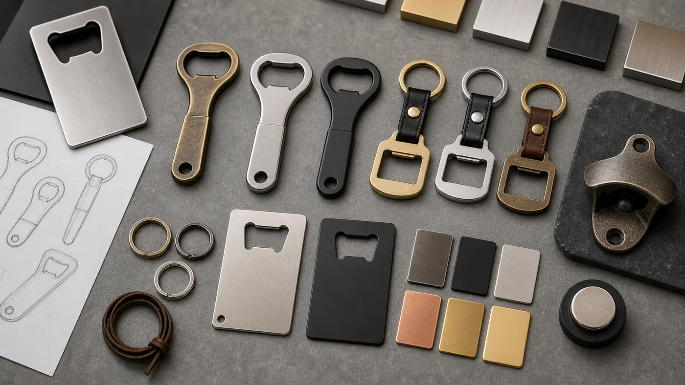 Custom bottle opener styles showing keychain, card and magnetic opener options