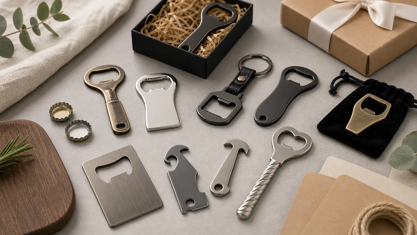 Custom bottle openers arranged with gift boxes and event planning materials