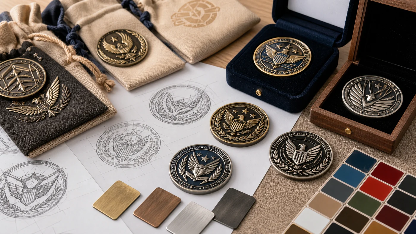 Custom military challenge coin design consultation with sketches, antique finishes and enamel samples