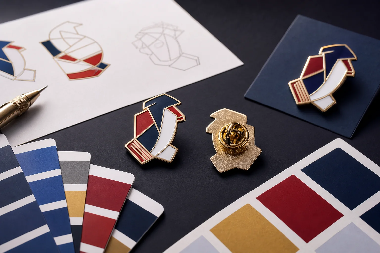 Custom Pins design planning with enamel samples, color swatches, and artwork sketches