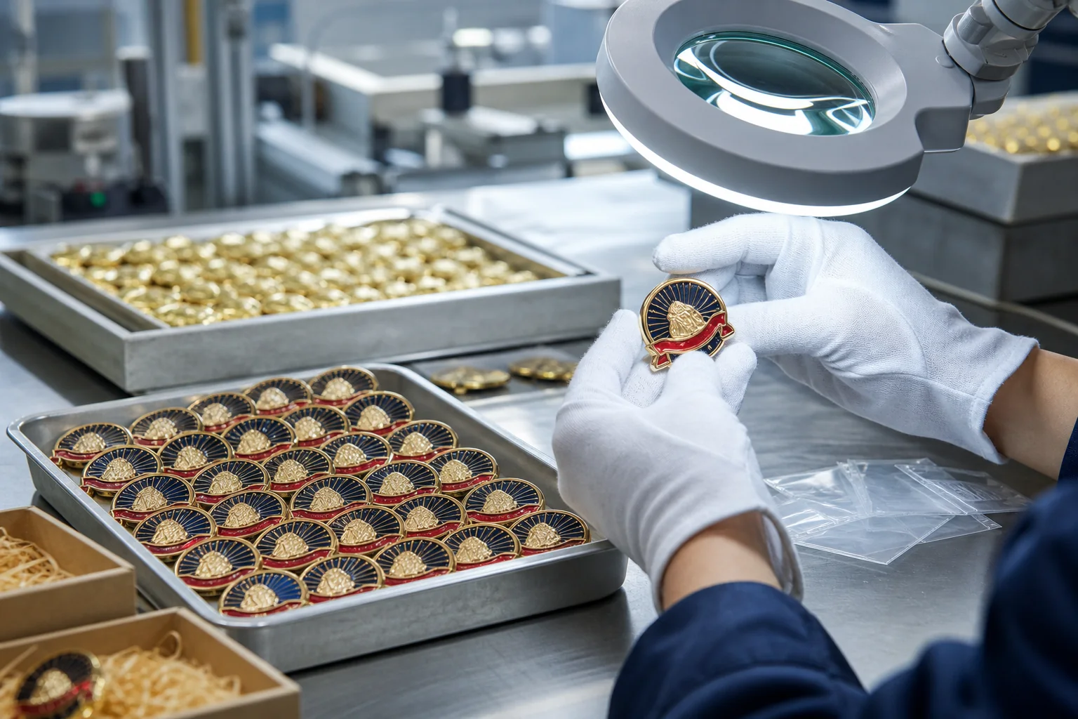 Custom Pins factory quality inspection with enamel pins in trays and gloved hands checking details