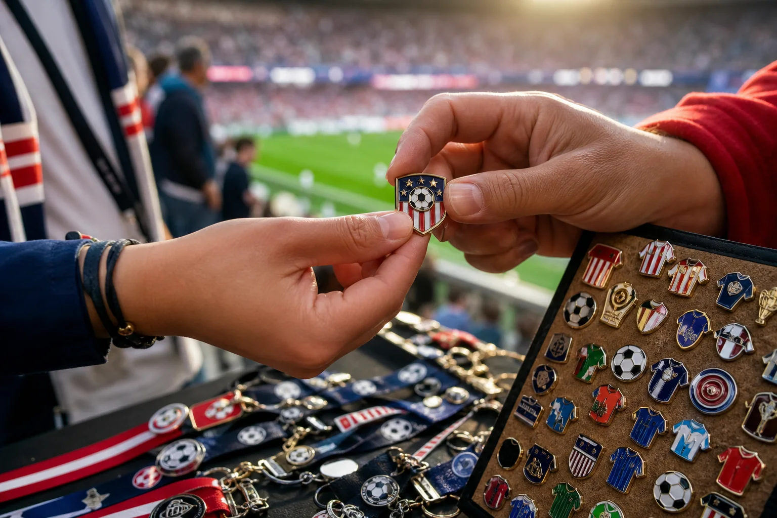 Fans exchanging collectible football themed Custom Pins near a stadium pin board