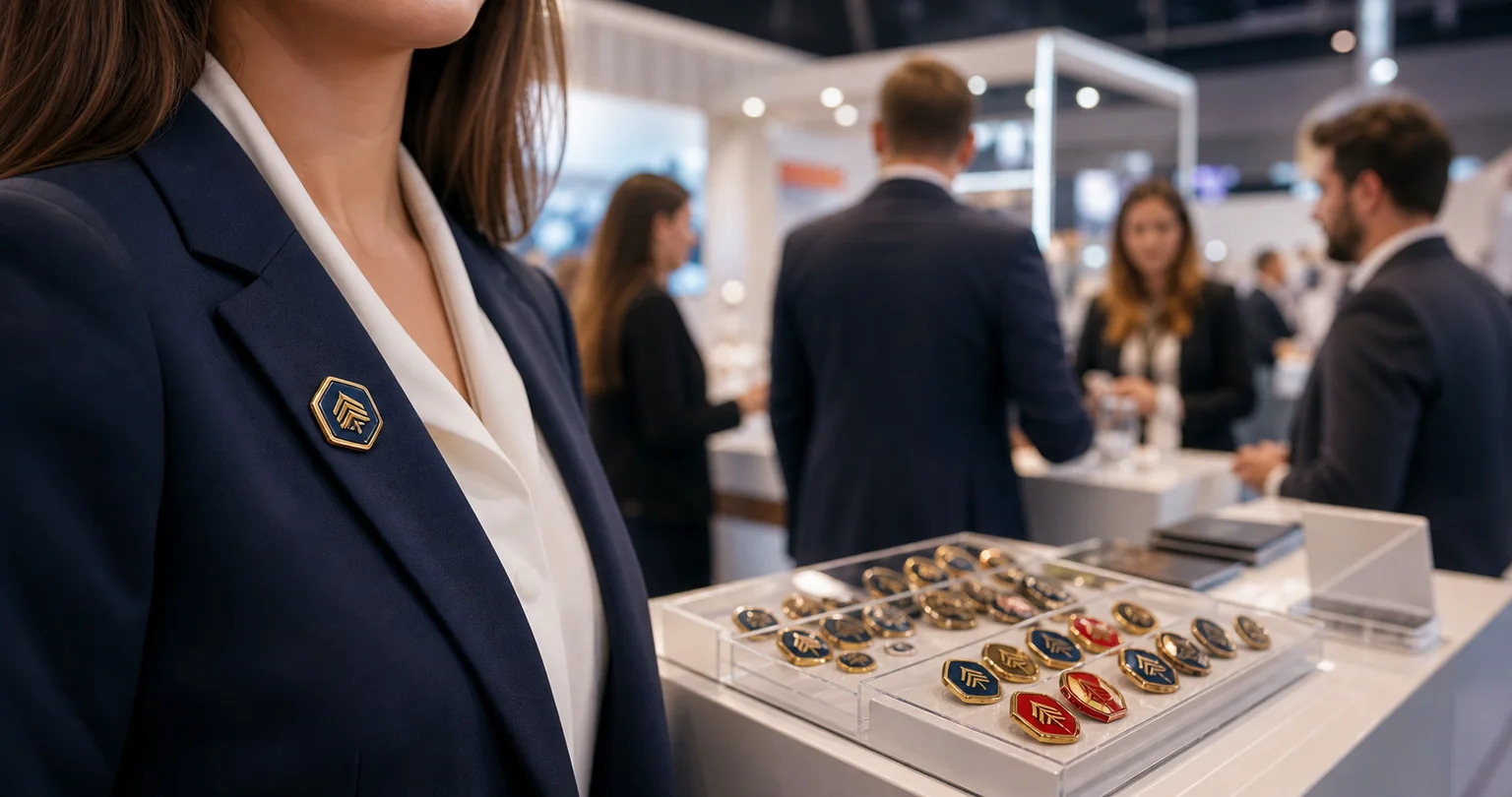 Event staff wearing a Custom Pins badge at a trade show with enamel pins displayed on a counter