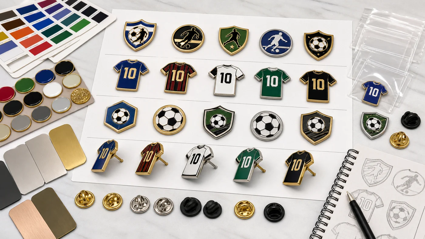 Custom Soccer Trading Pins for Teams: Design, Ordering, Packaging and Fundraising Guide 2 Designer reviewing soccer trading pin artwork proof with enamel colors and metal plating notes
