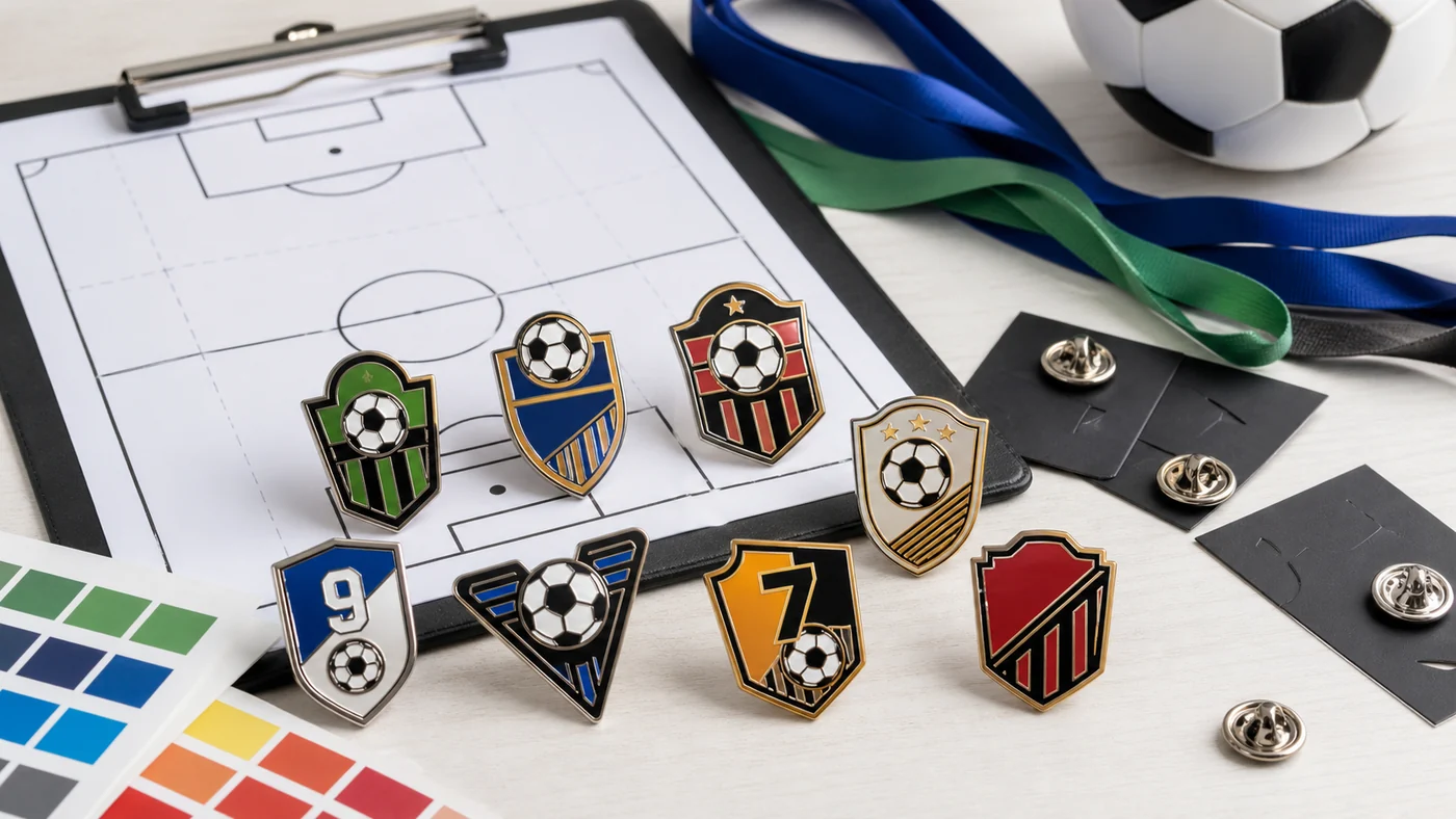 Custom soccer trading pins design planning table with sketches, metal finishes and team colors