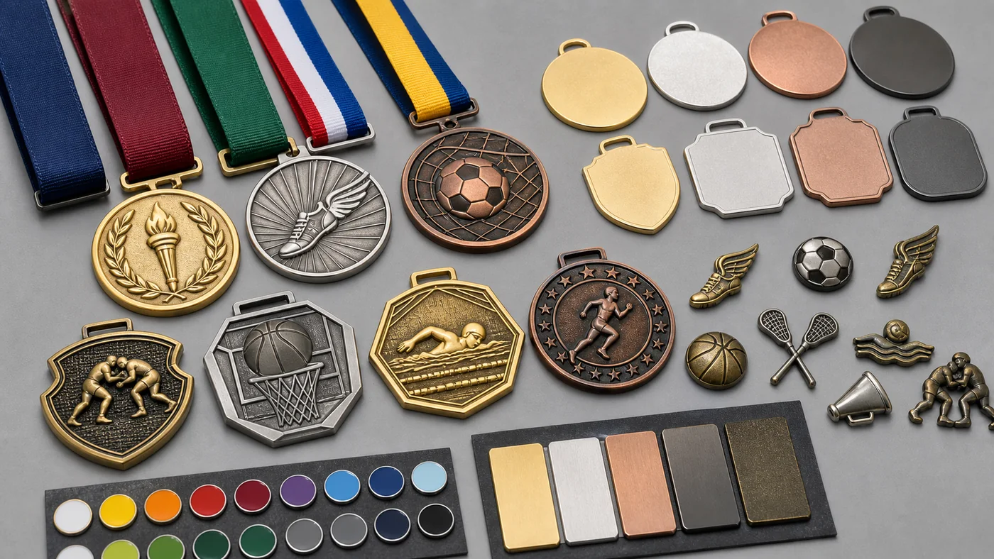 Custom medal design options with ribbon swatches, plating and enamel samples