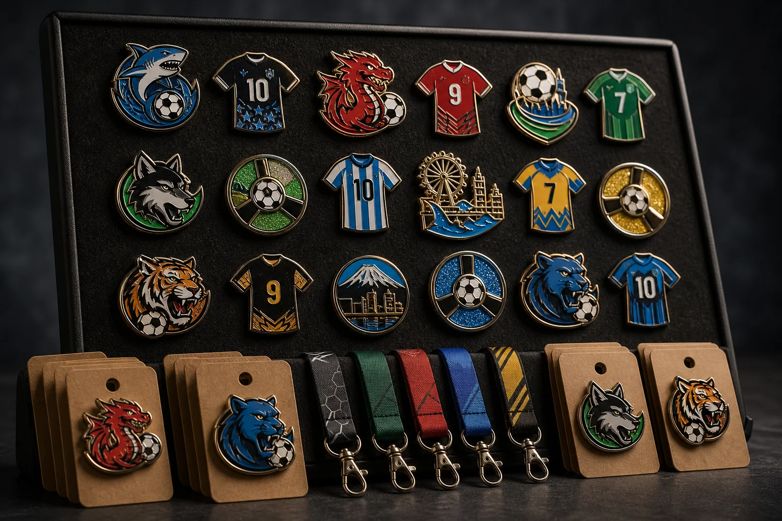 World Cup Trading Pins: Business Value and Design Strategy 2 Display board of fictional custom trading pins with mascots, jersey numbers, local landmarks and team colors