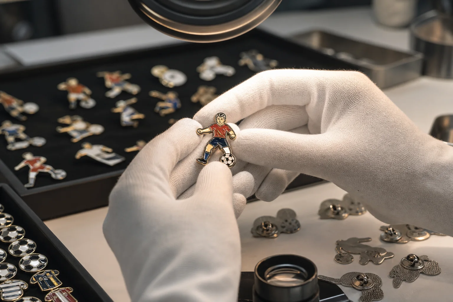2026 World Cup Team Badge Design Trends: Expressing National Identity 3 White-gloved quality inspection of football enamel pins showing polished metal, enamel color and pin backings