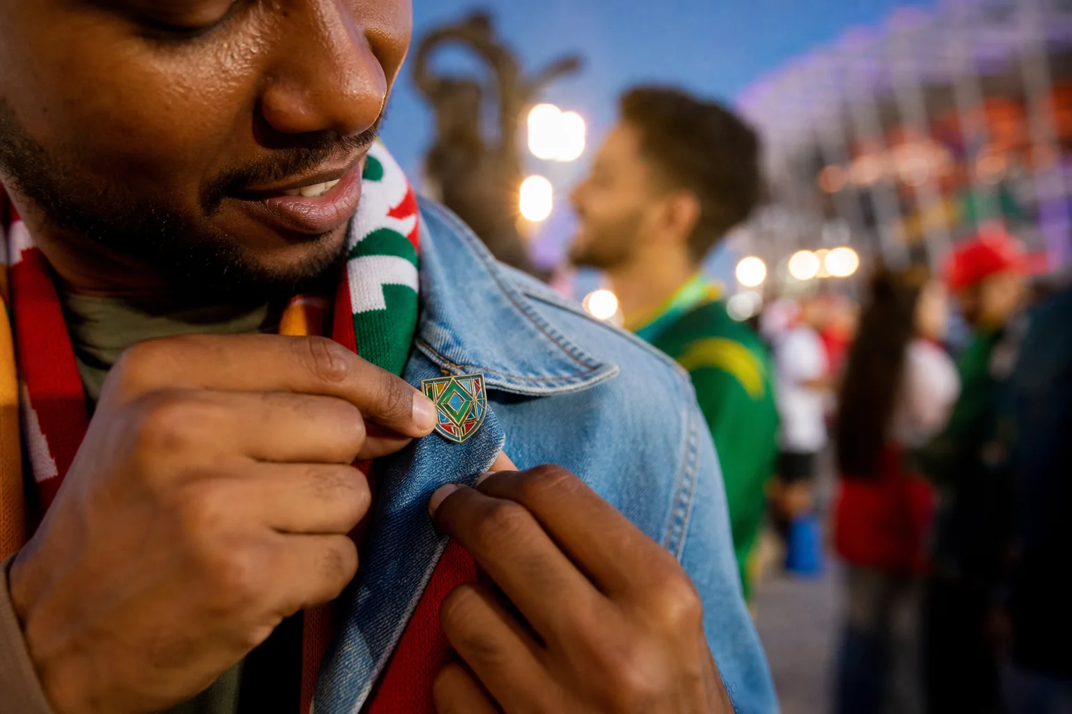 2026 World Cup Team Badge Design Trends: Expressing National Identity 2 Football supporter fastening a fictional hard enamel sports lapel pin to a denim jacket in a stadium fan zone