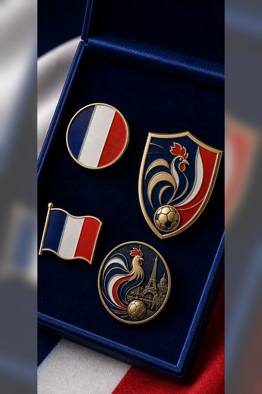 Falls dein Land die Weltmeisterschaft gewinnt: Die Sammlung von Abzeichen, Münzen und Medaillen, die ich zusammenstellen würde 3 France World Cup pins fan set product photo with boxed badge coin and trading pin packaging, high quality Image 2 product mockup