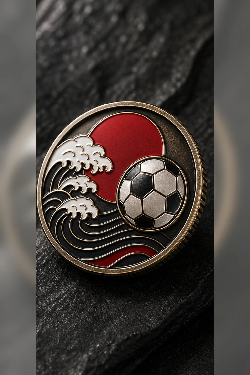 Japan commemorative challenge coin product photo with antique metal and enamel detail, high quality Image 2 product mockup