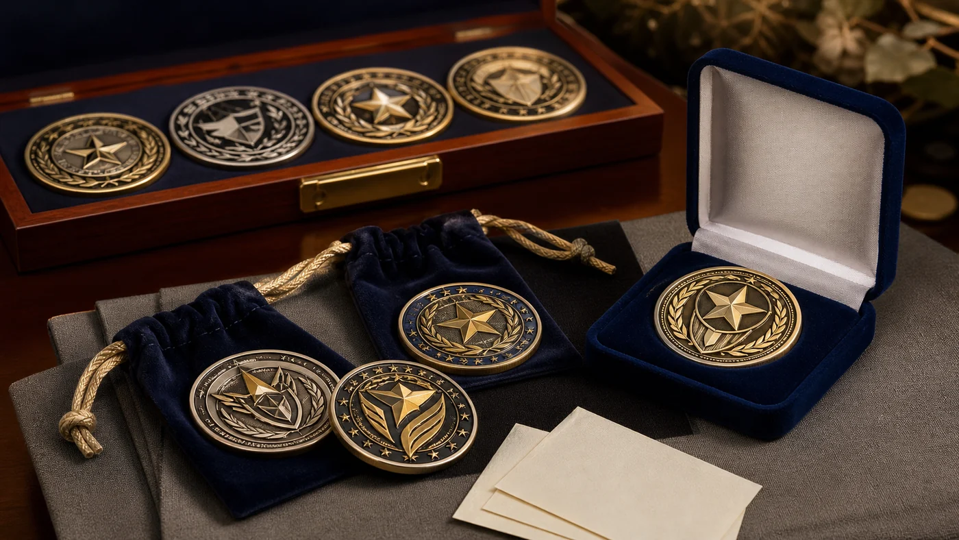 Moedas militares personalizadas para unidades: guia de design, preços e encomendas 3 Military challenge coin presentation boxes and velvet pouches arranged for recognition ceremony