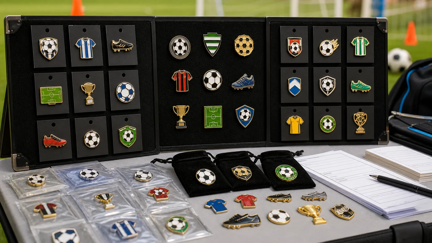 Custom Soccer Trading Pins for Teams: Design, Ordering, Packaging and Fundraising Guide 3 Packaged custom soccer trading pins arranged for tournament fundraising and team swaps