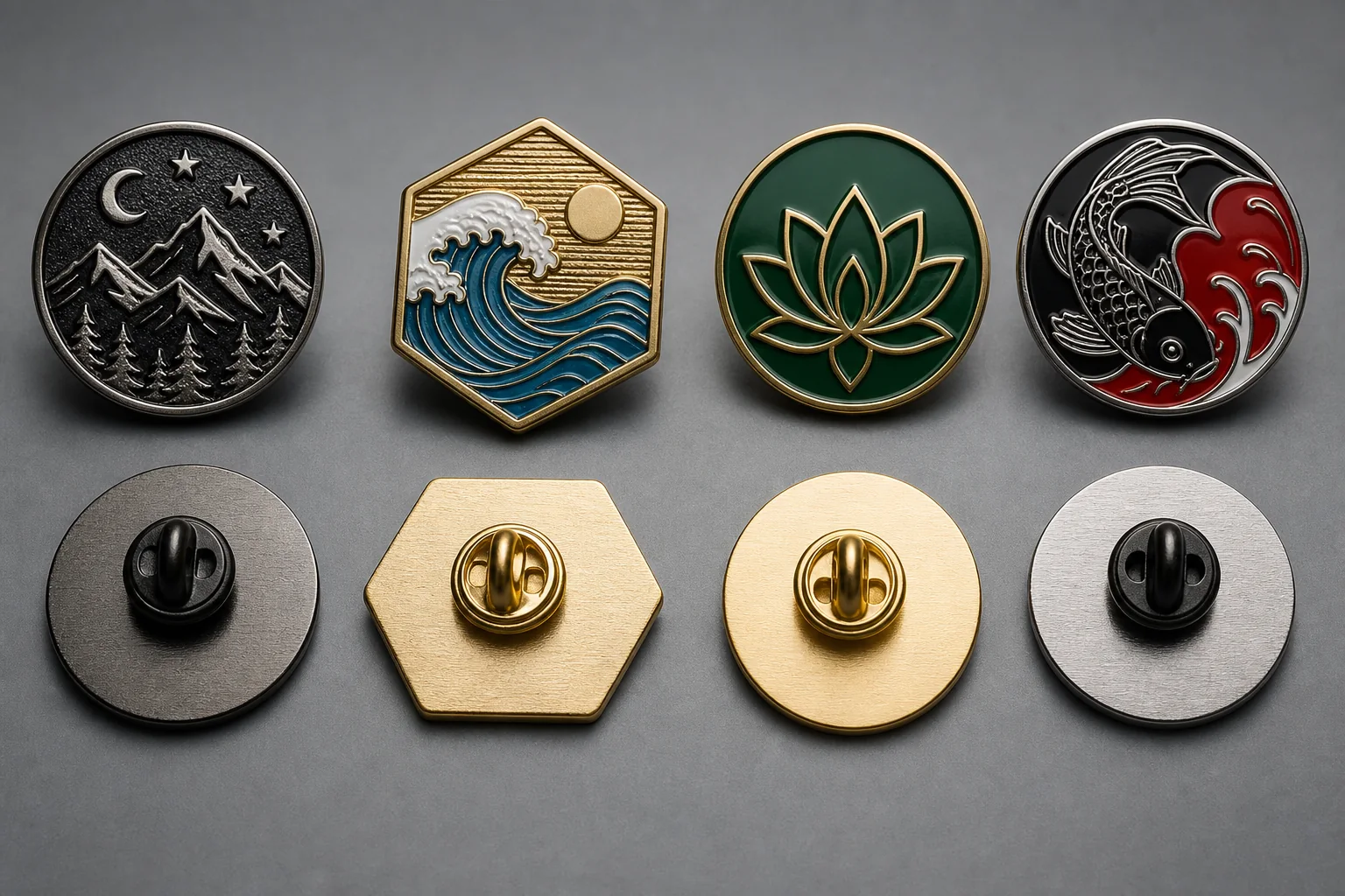 Soft enamel and hard enamel Custom Pins comparison showing different surface textures and backings