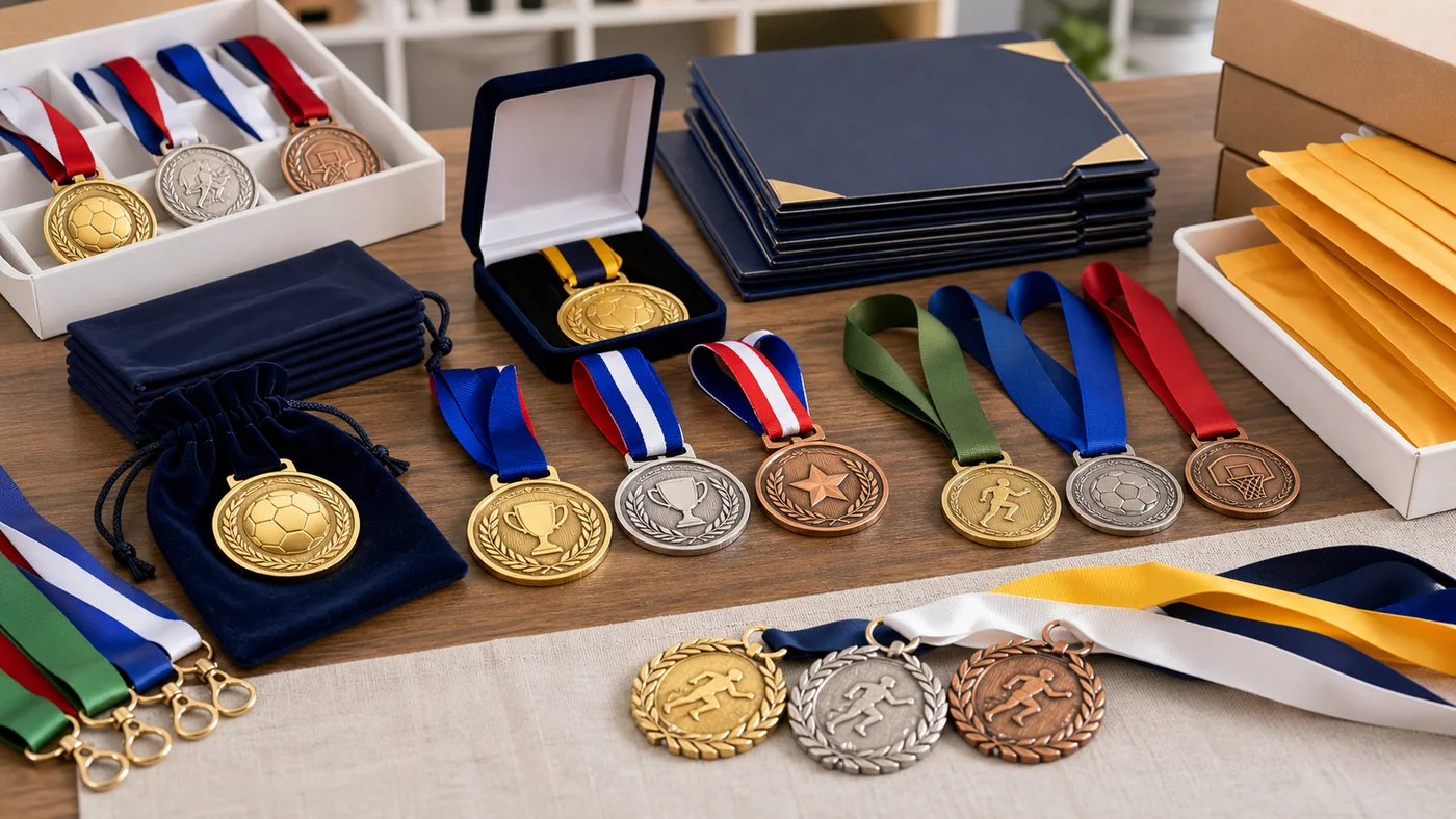 Sports medals prepared with ribbons, boxes and presentation materials