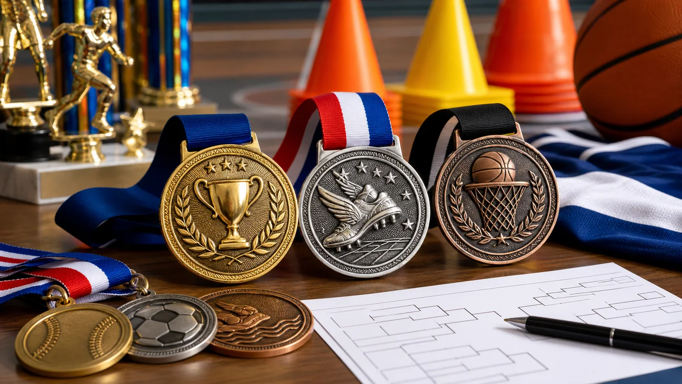 Custom sports tournament medals with ribbons on an awards table