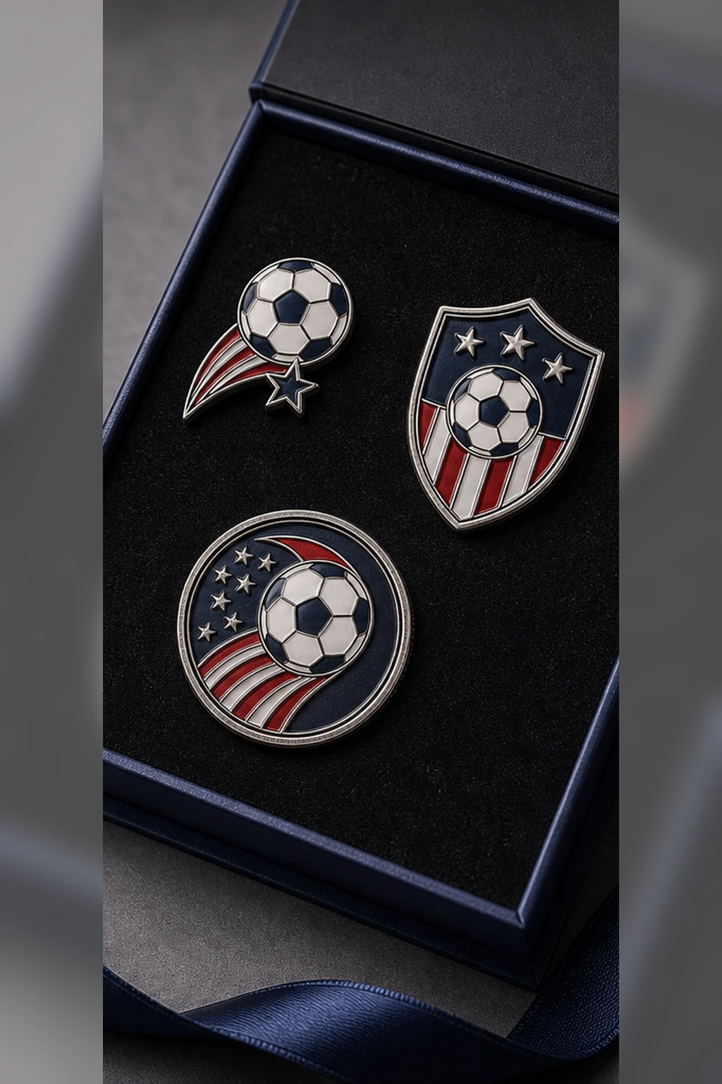 United States World Cup pins fan set product photo with boxed badge coin and trading pin packaging, high quality Image 2 product mockup