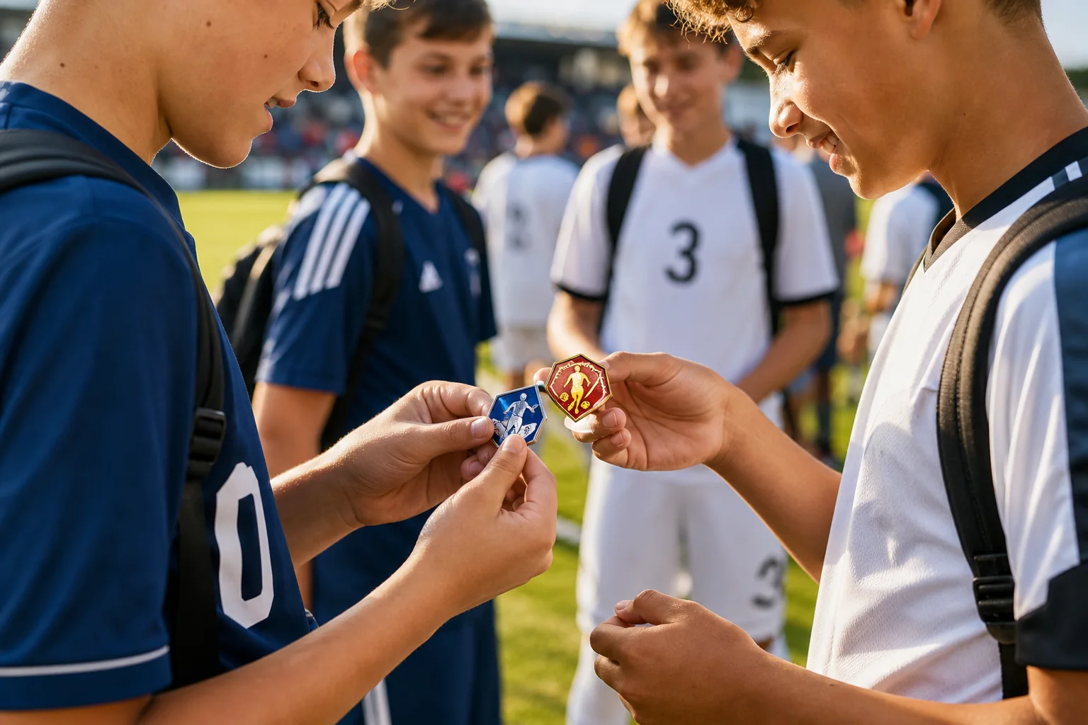 Página inicial 16 Youth football players from fictional clubs exchanging custom trading pins beside the tournament pitch