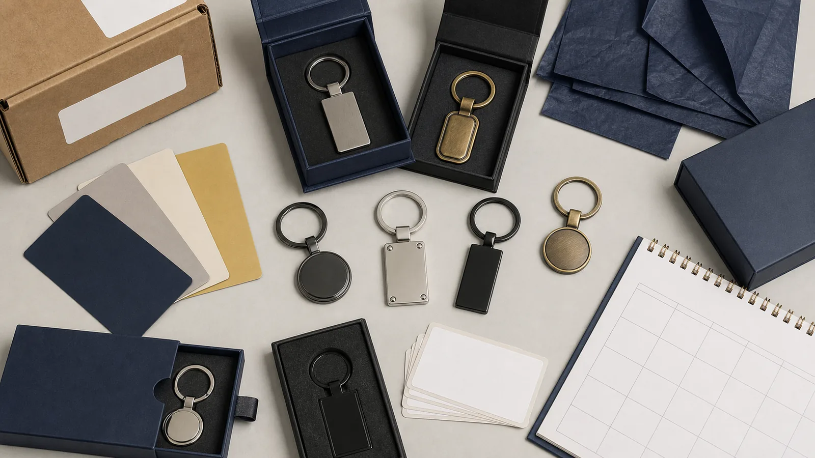 Custom Metal Keychains for Corporate Gifts: A 2026 Holiday Planning Guide 2 Metal keychain samples with packaging, audience cards and a planning calendar