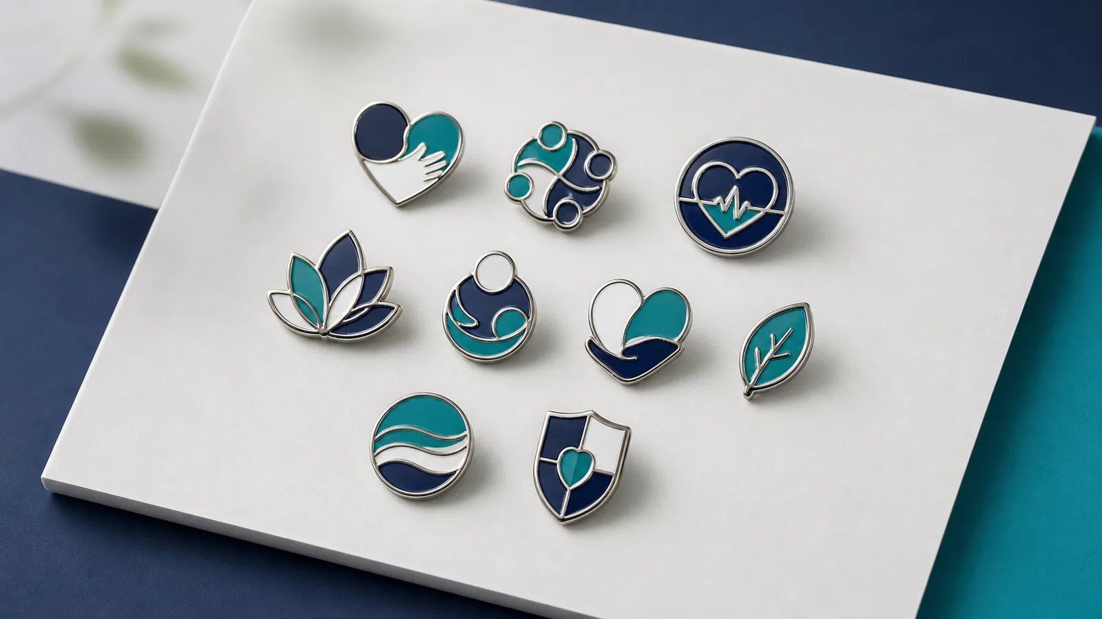 Custom healthcare pins in navy and teal arranged for a recognition program