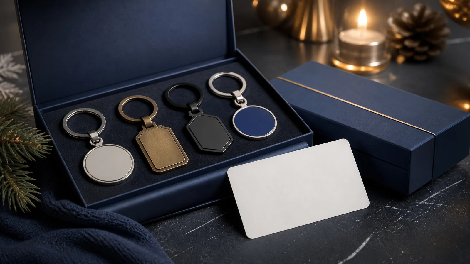 Custom metal keychains in nickel, brass and black finishes inside a corporate gift box
