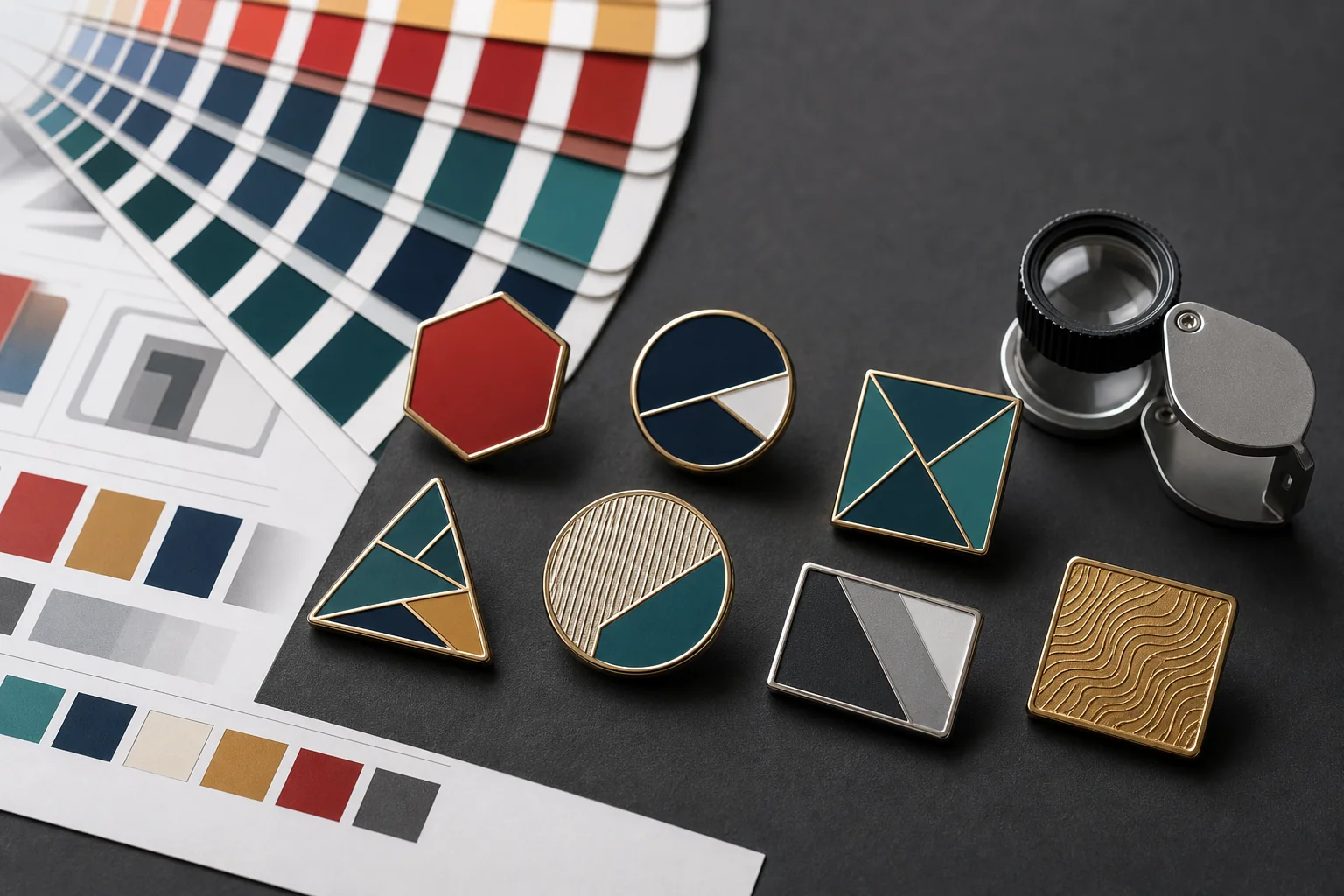 Custom enamel pins arranged beside color swatches for Pantone color matching