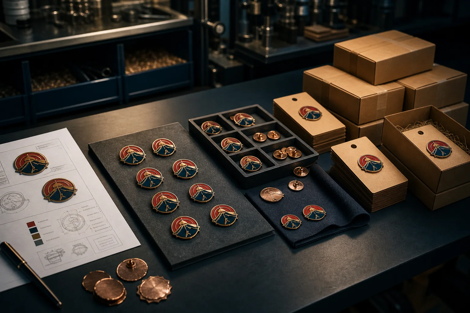 Finished custom pins, inspection trays, backing cards, and cartons arranged as a production workflow
