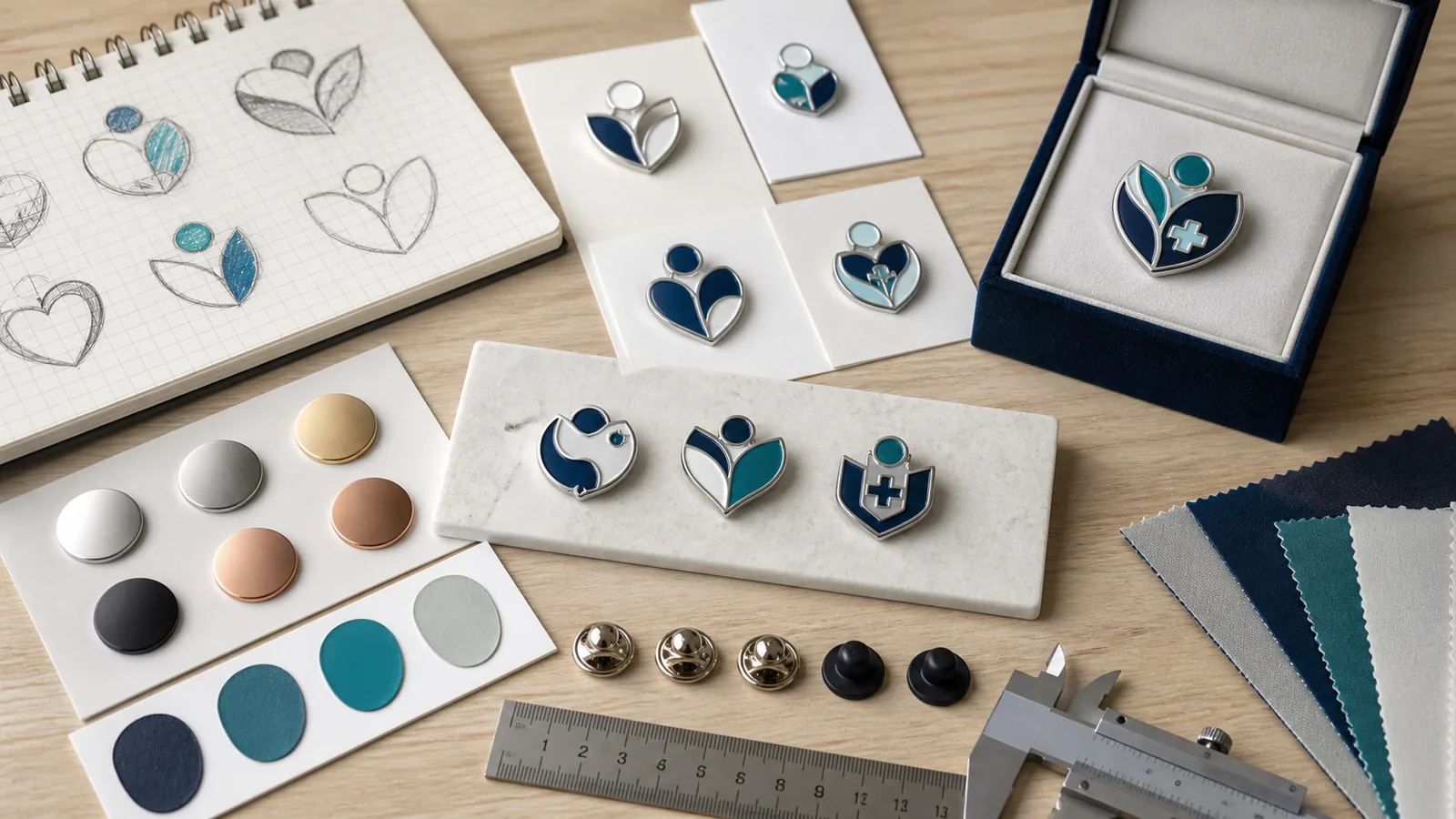 Custom Healthcare Pins: A Design and Ordering Guide for Recognition Programs 2 Healthcare pin design proofs with metal finishes, backings and color samples