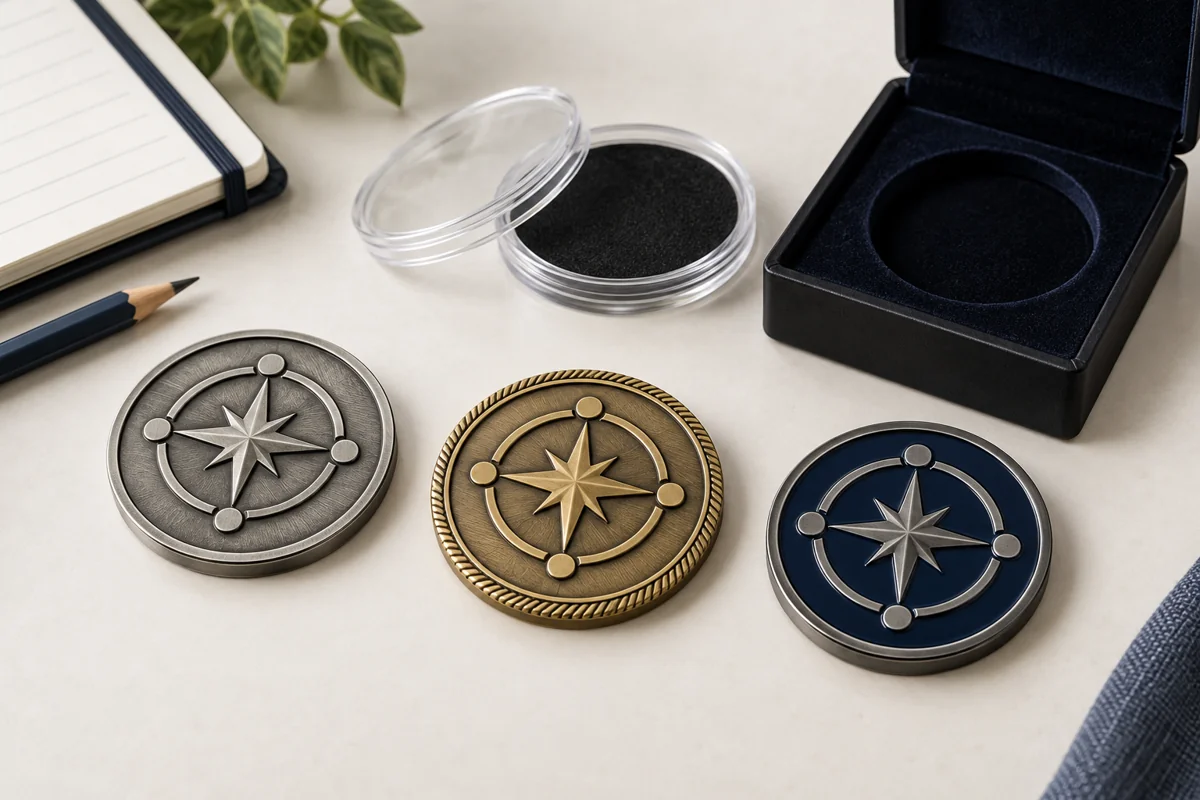 Three challenge coin concepts in different finishes beside a protective capsule and presentation box