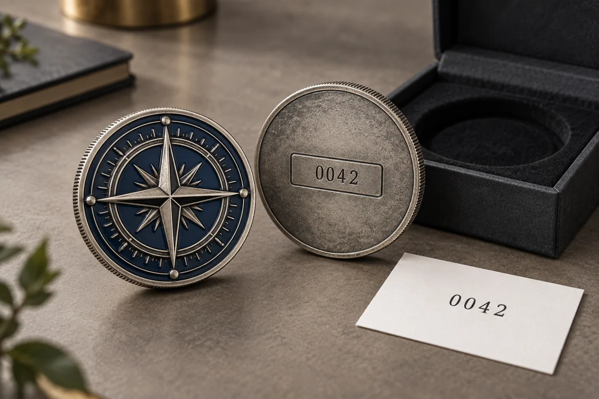 Antique silver challenge coin concept with serial 0042 and a matching presentation card