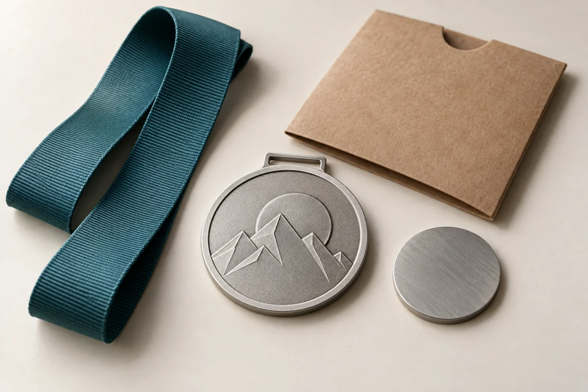 Silver-tone medal concept, separate teal ribbon, kraft sleeve and metal sample laid out as distinct components