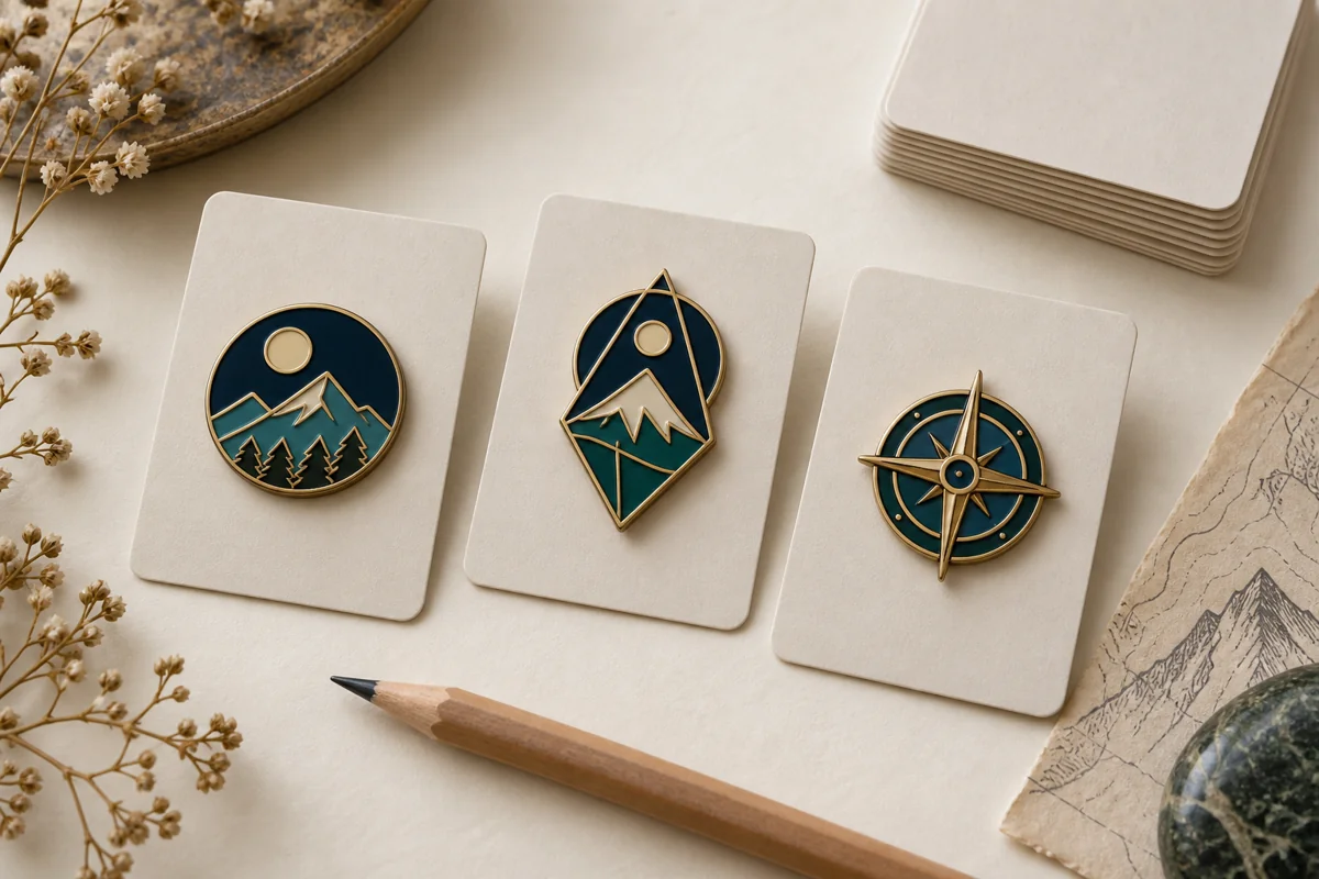 Three navy and teal enamel pin concepts on matching backing cards beside a stack of blank cards
