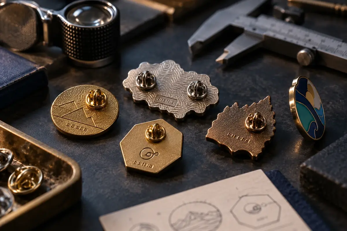 Custom pin backstamps displayed with precision inspection tools