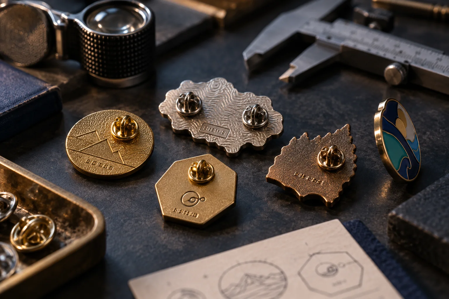 Custom Pin Backstamps: A Buyer's Guide 1 Custom pin backstamps displayed with precision inspection tools